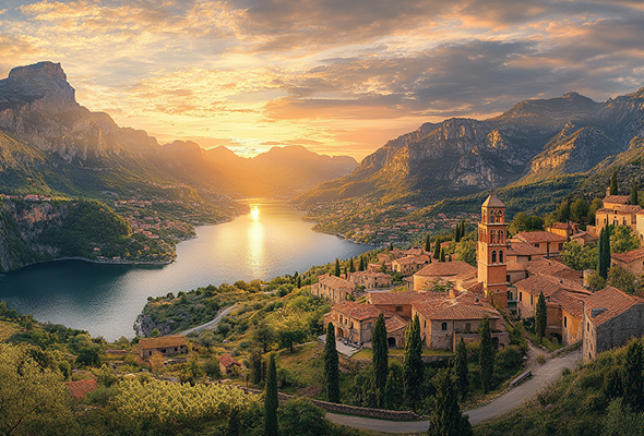 Sunset over historic village on a lake, mountains in background — Footsteps Through Time