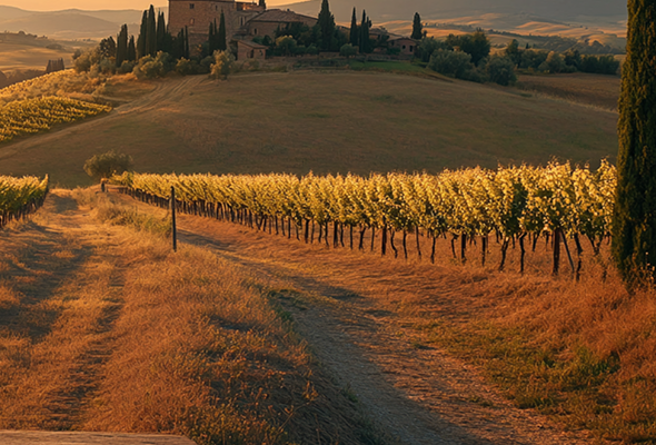 Vineyard rows stretching across golden hills — The Open Road Awaits