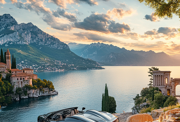 Coastal town perched on cliffs above turquoise sea, mountains behind — Where Europe Runs Wild