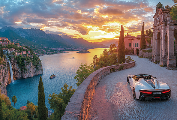 Sports car parked on coastal road at sunset, historic architecture nearby — Taste the Continent