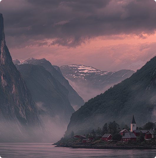 A breathtaking panoramic view of a European landscape featuring a blend of ancient Roman ruins and a futuristic city skyline, with snow-capped mountains reflecting in a calm sea.
