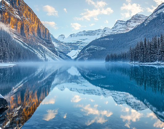 A breathtaking Canadian landscape featuring rugged mountains reflected in a calm lake, with dense pine forests and the northern lights dancing in the twilight sky.