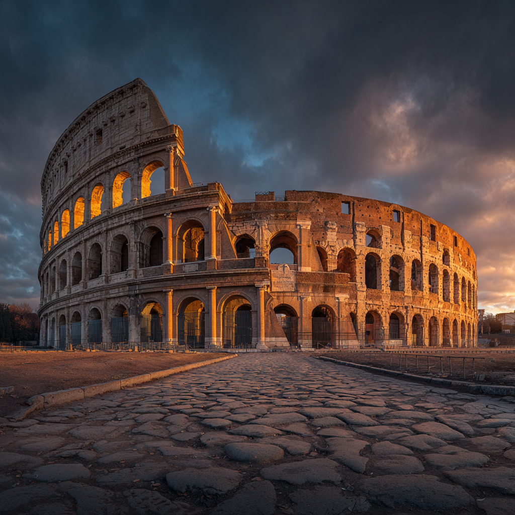 The ancient Roman Colosseum at sunset, with its iconic arched walls glowing in golden light