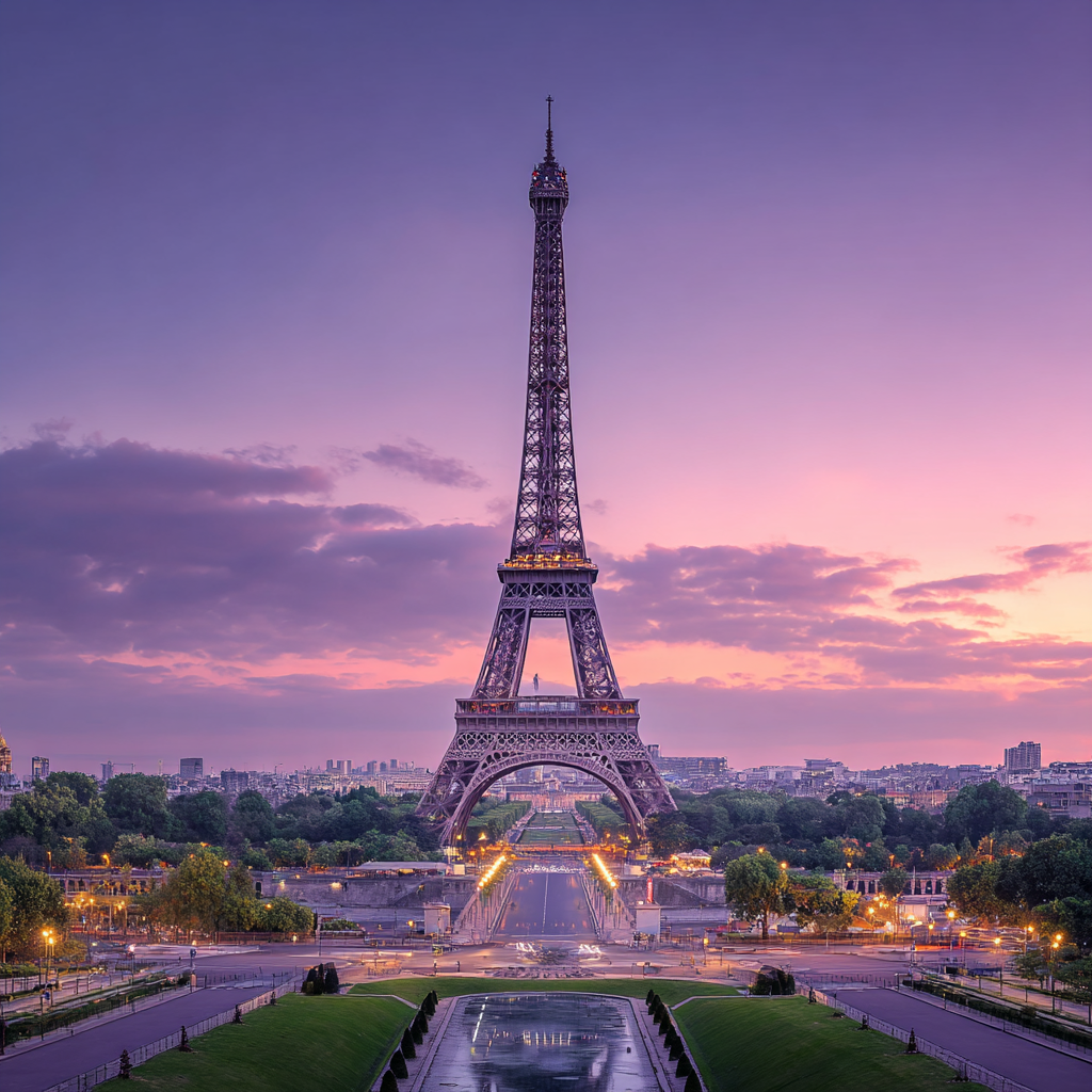The Eiffel Tower standing tall against a clear blue sky, with the Parisian cityscape visible below