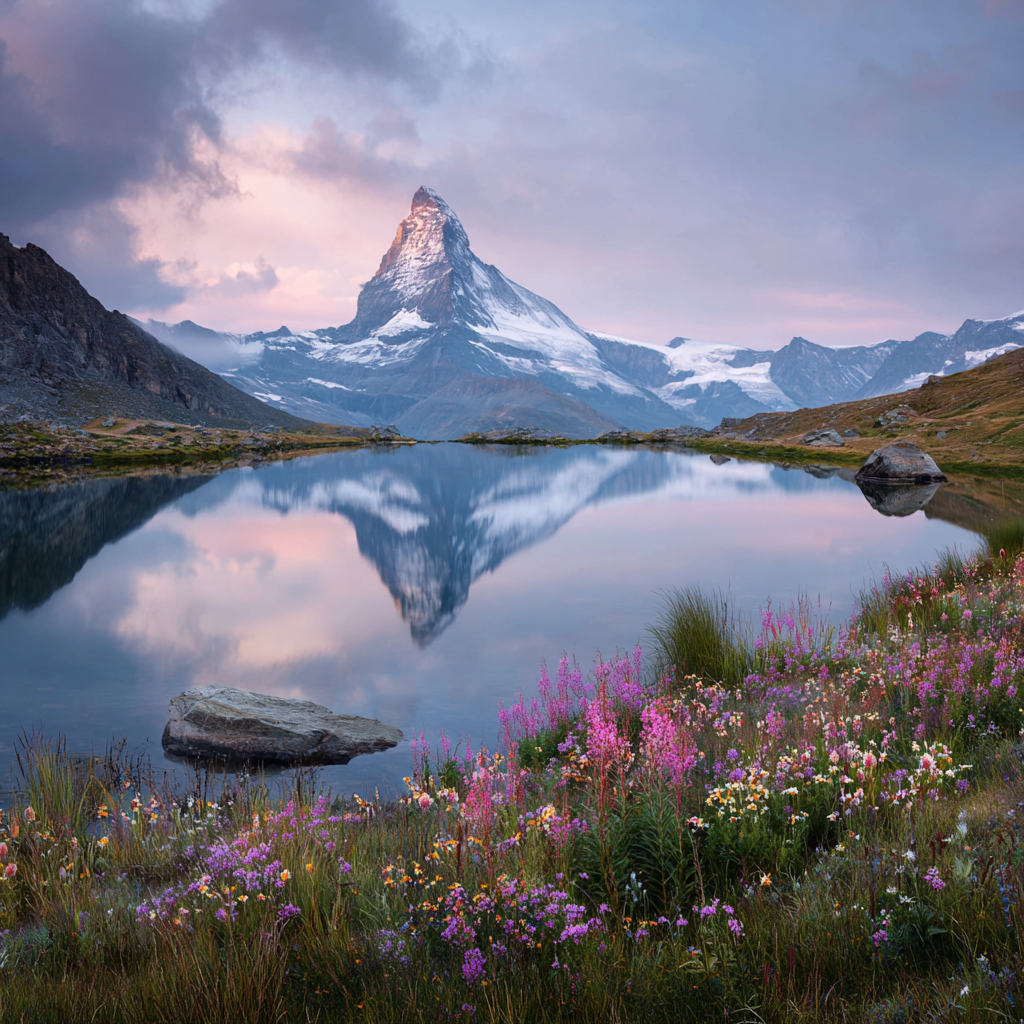 The majestic Matterhorn mountain peak with its distinctive pyramid shape, reflected in a serene Alpine lake