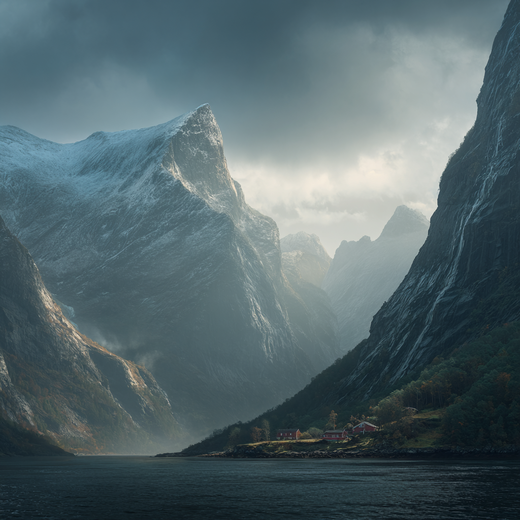 A breathtaking view of the Norwegian Fjords with steep cliffs plunging into calm, deep blue water