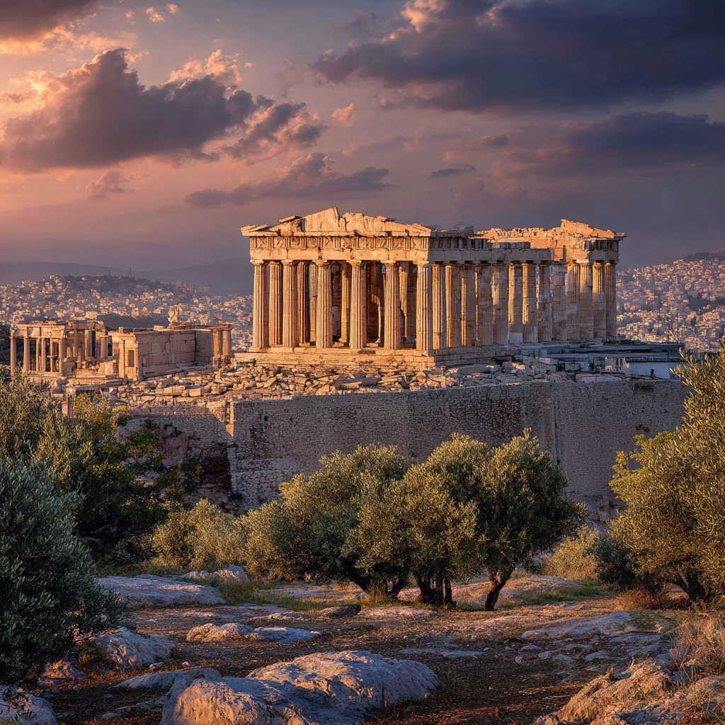 The ancient Acropolis in Athens, Greece, with the Parthenon temple standing proudly on a rocky hill