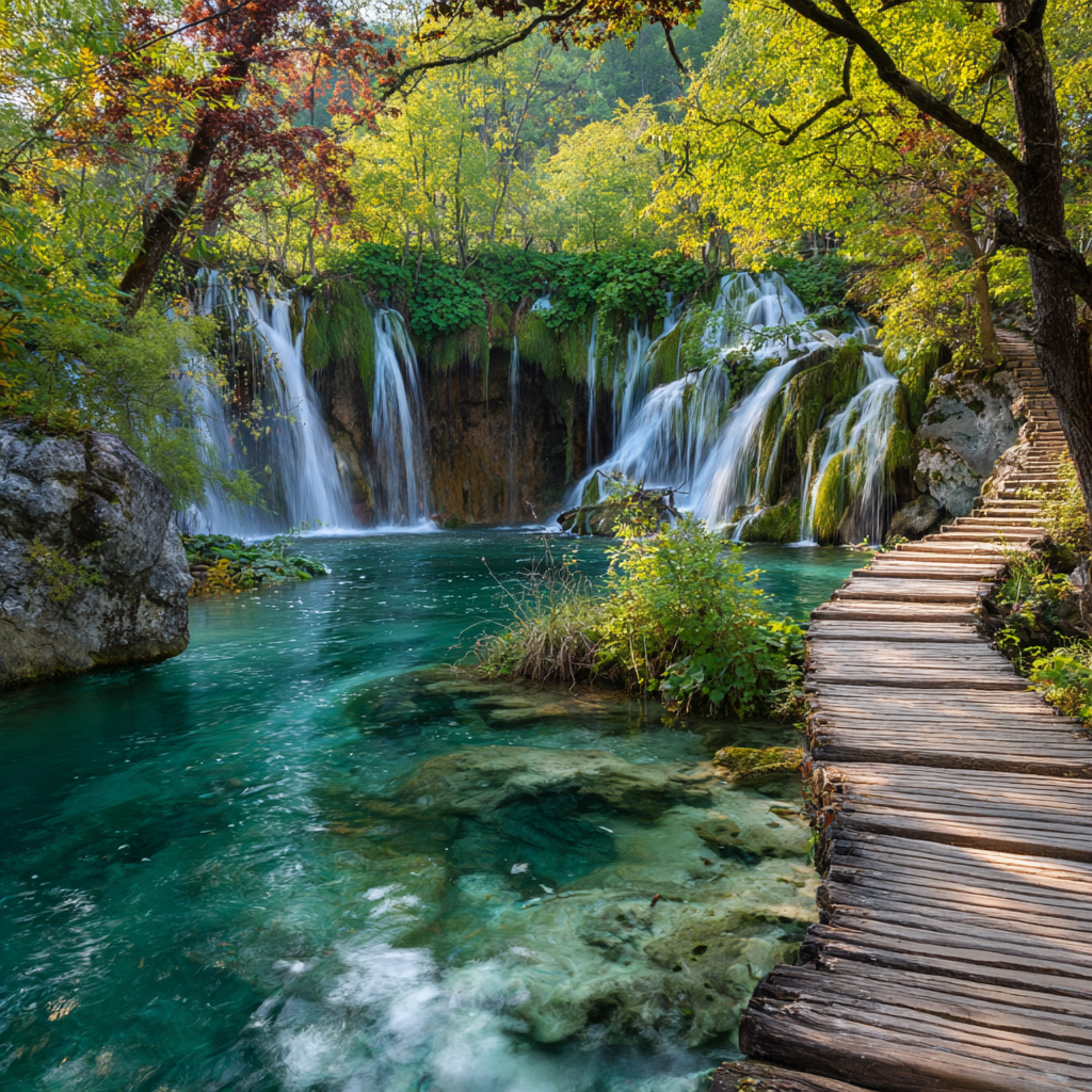 The cascading turquoise waterfalls and wooden walkways of Plitvice Lakes National Park in Croatia